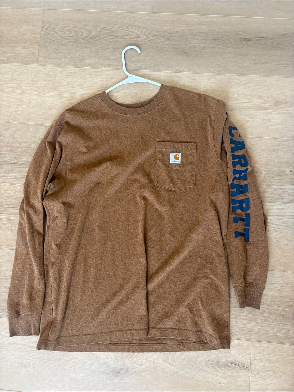 Carhartt Men's Brown Crewneck Long Sleeve with Blue Sleeve Logo
